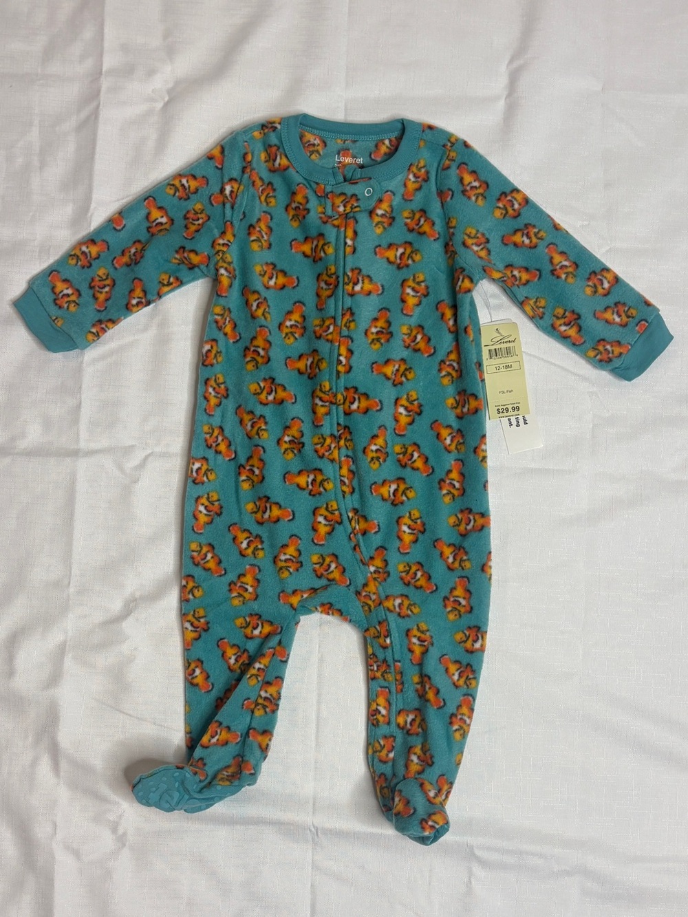 NWT Leveret Blue Teal Clownfish Footie Pajamas Size 12-18M Soft Zip Front Onesie